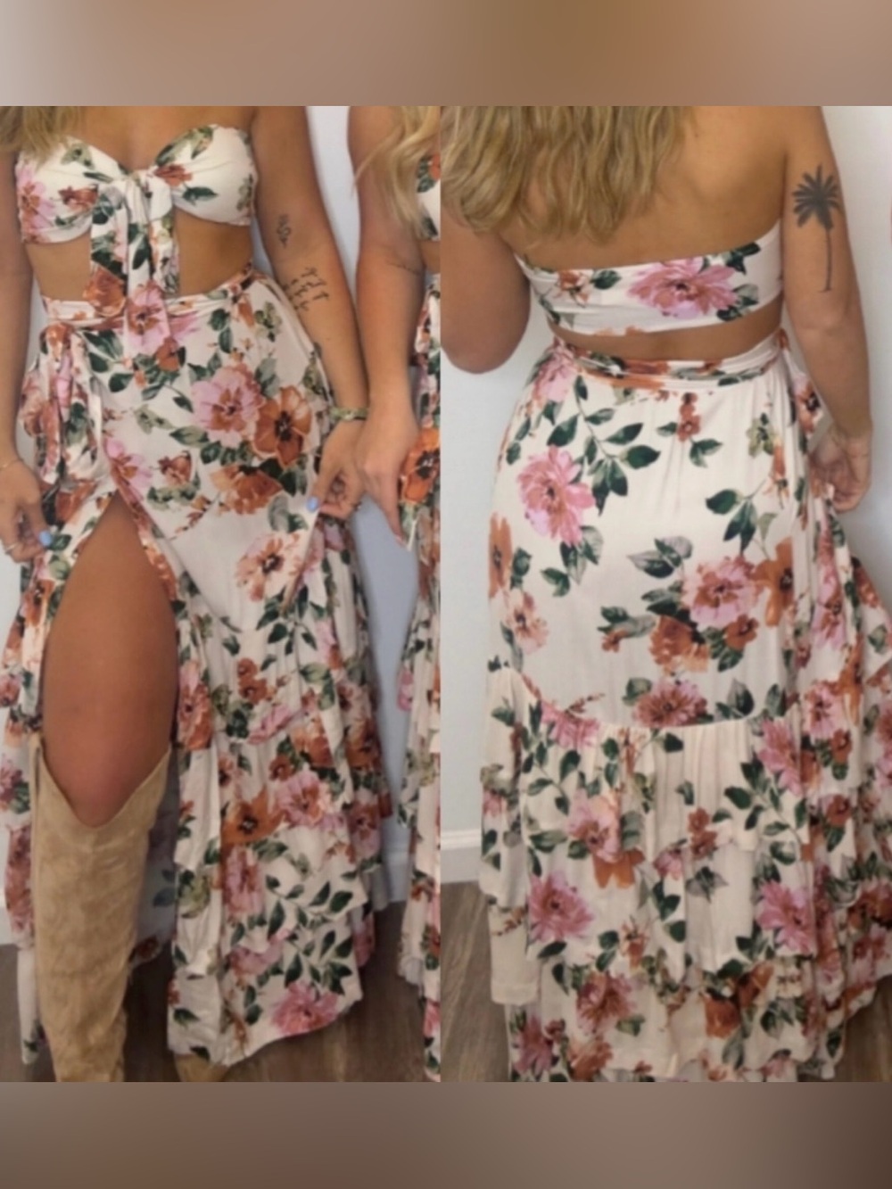 . Multicolor Floral 2 Piece Tie Sleeveless Crop Top & High Waist Maxi Skirt Set